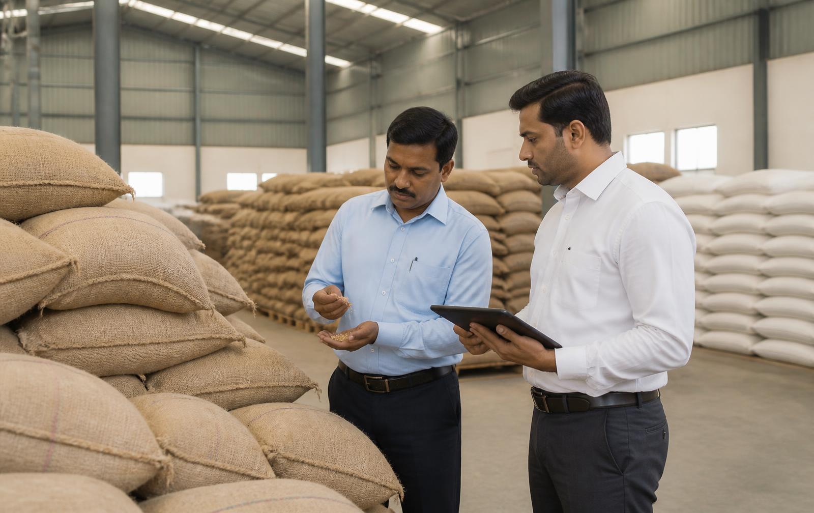 Quality inspection of agricultural commodity sacks in a warehouse in India